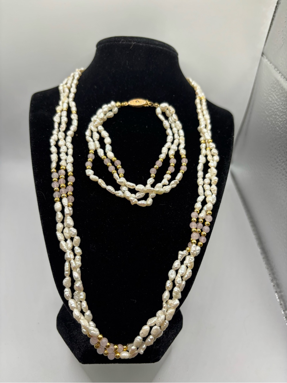 Baroque Rice Freshwater Pearls 14k Gold & Pink Rose Quartz Necklace Bracelet Set